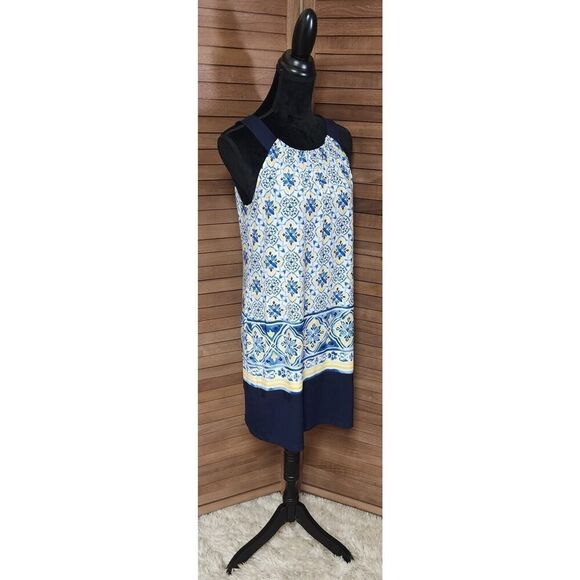 En Focus Studio Womens Blue Medallion Print Sleeveless Halter Shift Dress Size 8 - Picture 3 of 7